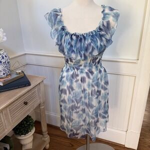 NWT Studio M Silk Ruffle Smocked Waist Dress Blue Abstract Ikat Print XS
